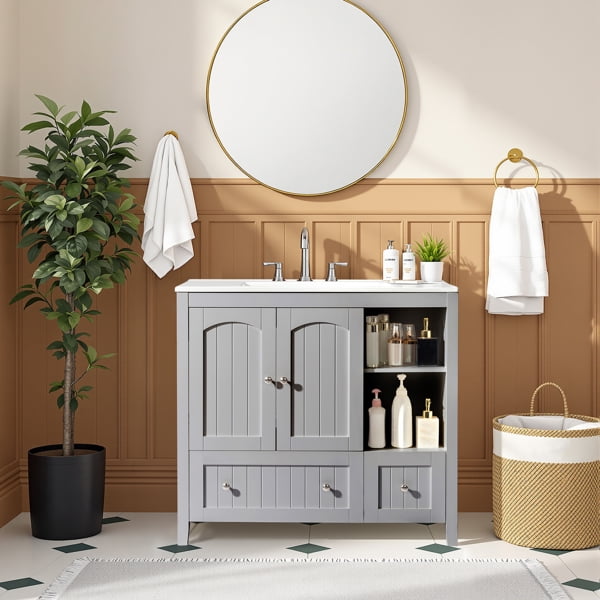 Modern Gray MDF Double Door Double Drawer Bathroom Vanity Cabinet with Decorative Strips, Without a Basin, 36"W x 18"D x 32"H for Bathroom Storage