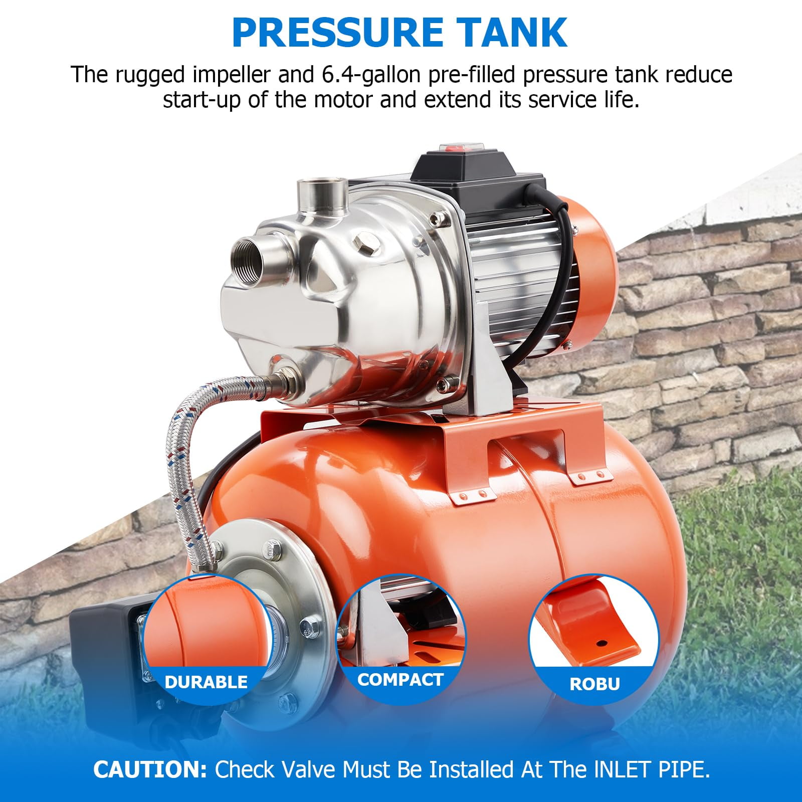 1HP Shallow Well Pump With Pressure Tank, 845 GPH Stainless Steel Shallow Well Jet Pump, 115 V Water Pump With Automatic Pressure Switch, Water Transfer Pumpfor Garden, Pool, Well, Irrigation