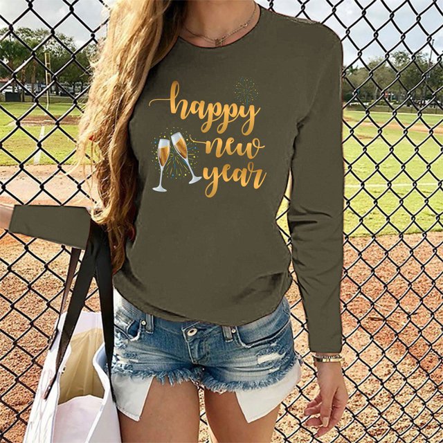 DPTALR T-shirt Imprimé Années Heureuses pour Femmes Manches Longues Blouse Décontractée