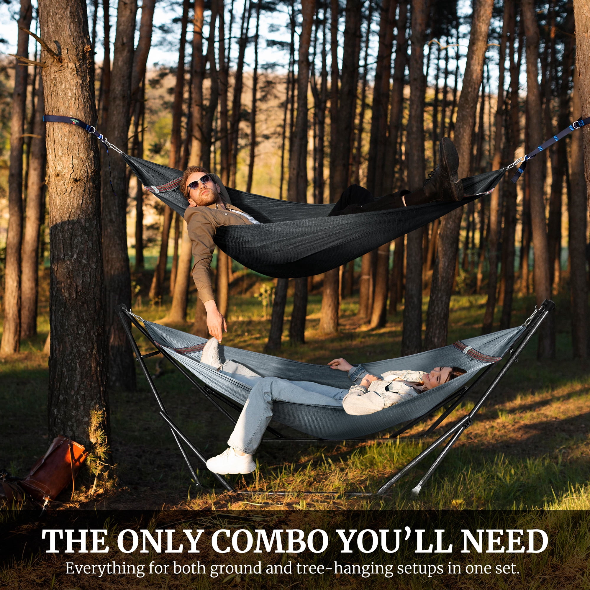 Tranquillo 600lb Capacity 2 Persons 2 Hammocks Included/Foldable Portable Hammocks with Stand, Tree Straps, Carry Bags for Garden Camping, Grey