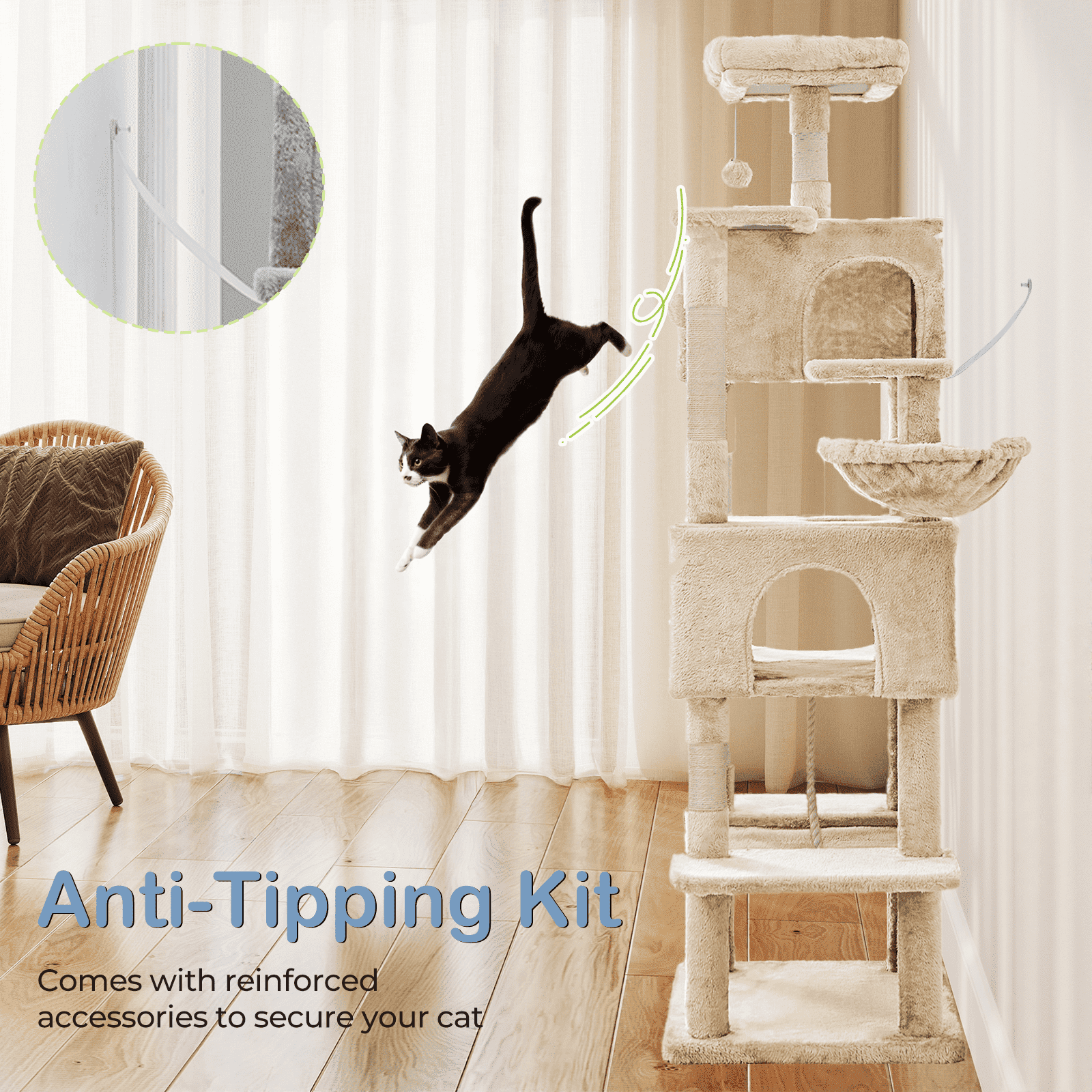 MAYEERTY 66-inch Cat Tree Tower Multi-Cat Climbing Extended Platform Hammock Pet House