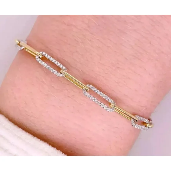 3Ct Round Cut Lab Created Diamond 14K Two-Tone Gold Finish Paper Clip Bracelet