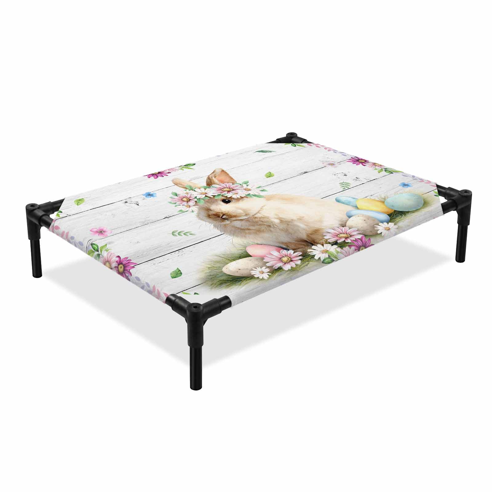 Easter Rabbit Elevated Dog Bed Watercolor Spring Bunny Eggs Floral Wood Grain Cooling Breathable Outdoor Raised Dog Cot Bed with Metal Frame Non-Slip Feet for Medium Dog 24x20in