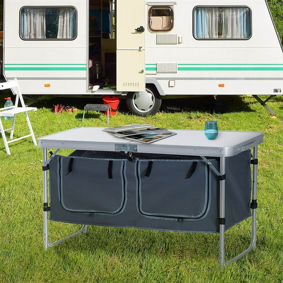 47'' Outdoor Aluminum Camping Portable Folding Picnic Table w/ Cupboard