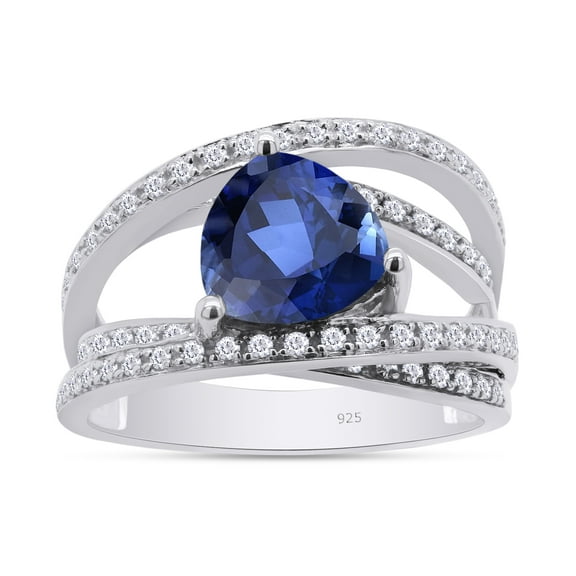 AFFY Trillion Cut Simulated Blue Sapphire and White Sapphire Crisscross Ring In White Gold Plated 925 Sterling Silver Ring Size-4