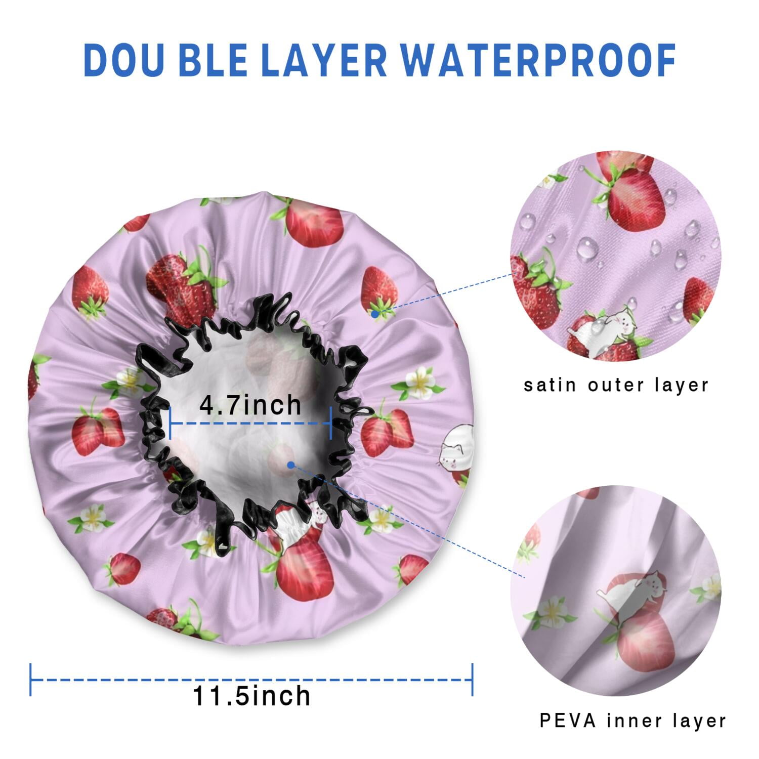 Shower Caps,Strawberry Plants Fruit Cat Flower Waterproof Shower Cap for Women 4 Pieces,Double Reusable Hair Cover for Shower PEVA Elastic Stretch Hem