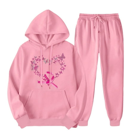 aohooy Womens Hoodie and Sweatpants Set Women s 2 Piece Outfits Breast Cancer Pink Ribbon Graphic Drawstring Long Sleeve Hoodies Sweatshirt and Sweatpants Set 2024 Hot Pink L