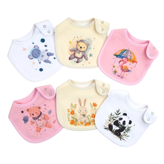 6 Pack Baby Drool Bibs, Double-Sided Soft Cotton Waterproof TPU Teething Bibs, Adjustable 2-Snap Cartoon Animal Absorbent Feeding Bib Set for Newborn Toddler Boys Girls
