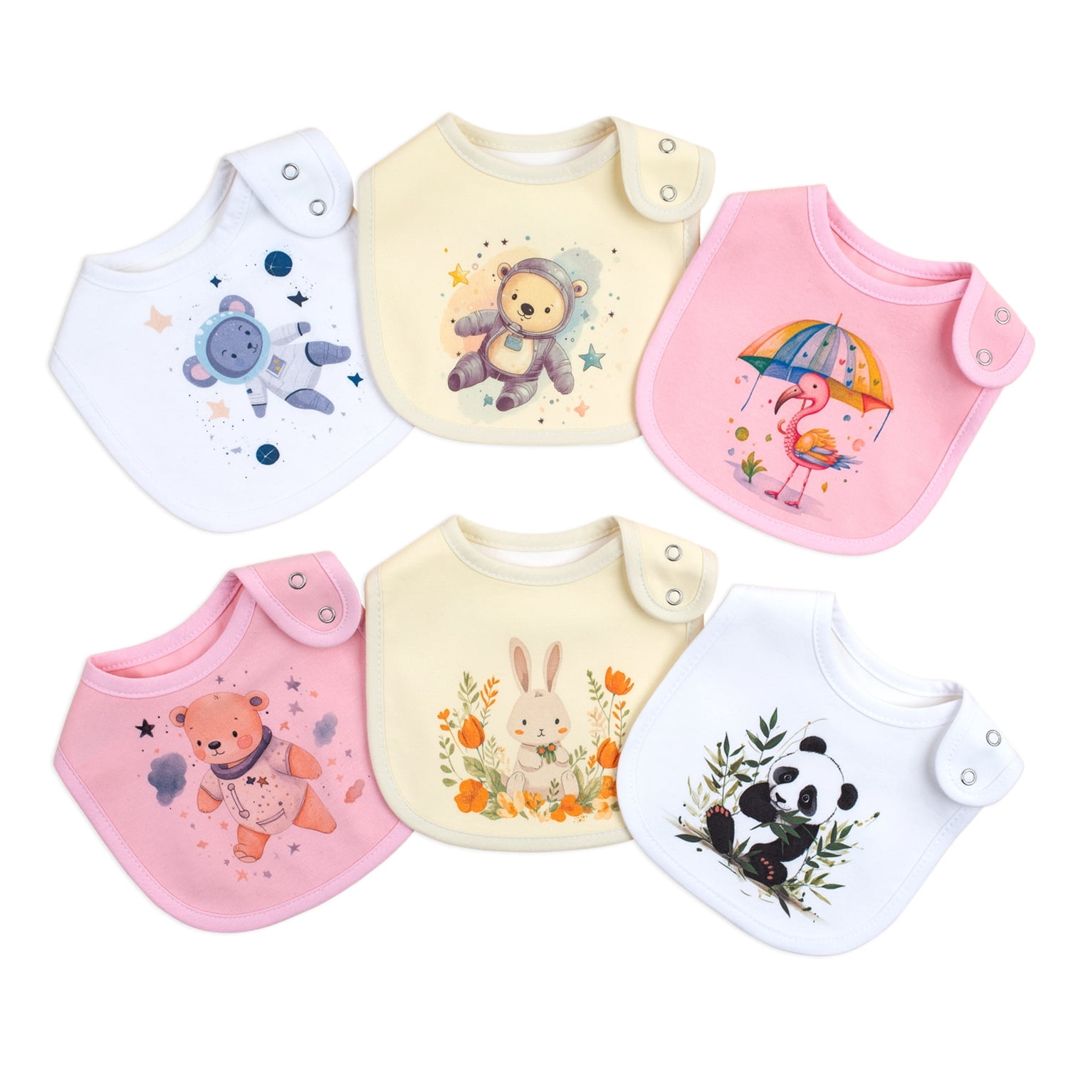6 Pack Baby Drool Bibs, Double-Sided Soft Cotton Waterproof TPU Teething Bibs, Adjustable 2-Snap Cartoon Animal Absorbent Feeding Bib Set for Newborn Toddler Boys Girls