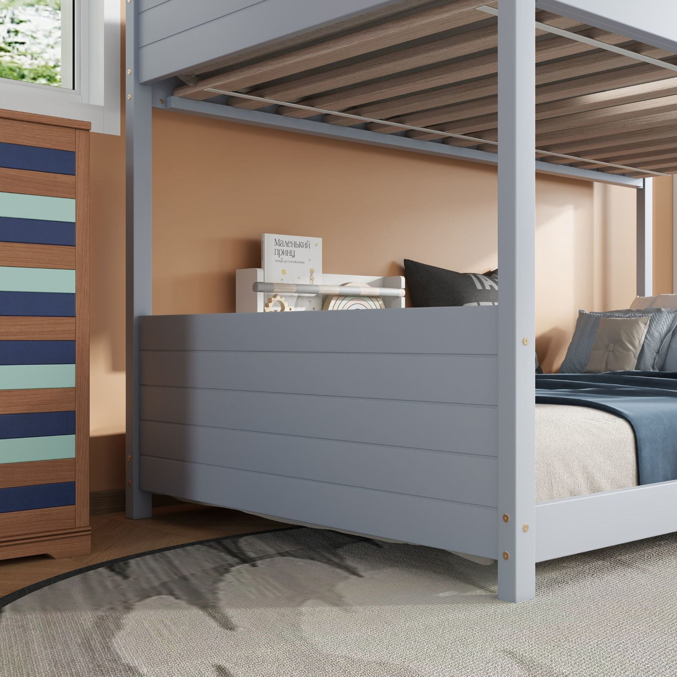 Noble House Twin Over Twin House Floor Bunk Bed, Rubber Wood Frame with Headboards, Guardrails & Ladder, Light Grey
