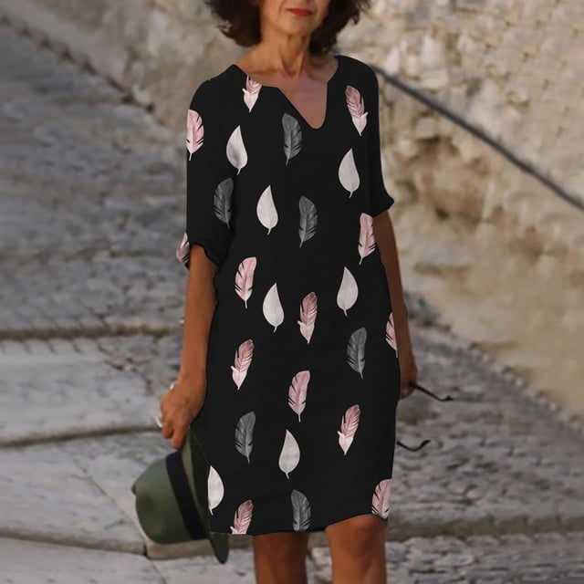 WILLBEST Vestidos Floreados para Mujer Vestido Informal de Verano con Estampado de Plumas y Cuello En V para Playa, Manga Corta Grande