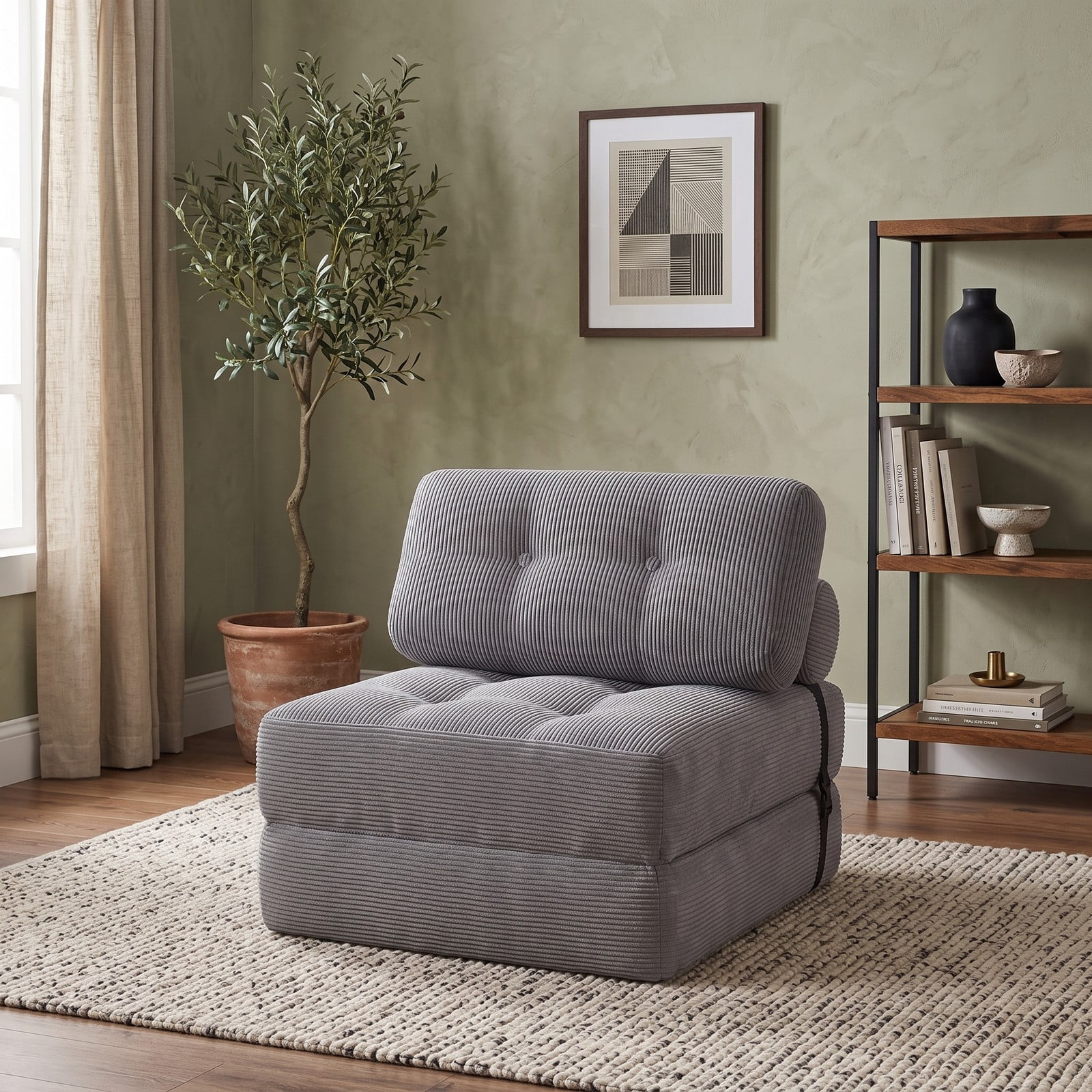 Furnibear Folding Sofa Bed with Pillow and Back Support, 3-in-1 Convertible Corduroy Floor Couch Sleeper Lounger for Living Room Bedroom Guest Room, 355 lbs, Gray
