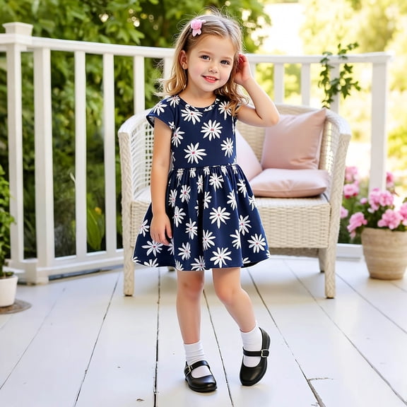 THDHVS Little Girls Dresses,Floral Print Short Sleeve Dress with Smocked Waist for Girls Spring Summer Dance and Playtime,Kids Dress Navy