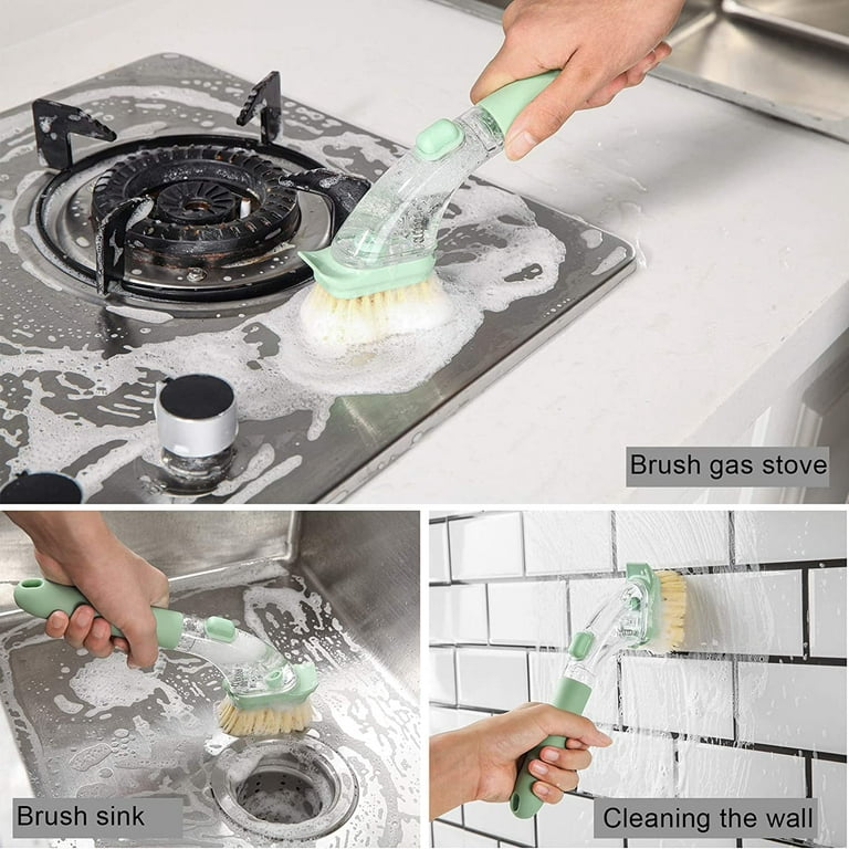 SUGARDAY Soap Dispensing Dish Brush Set Kitchen Scrub Brush with Stand 3  Brush Replacement Heads 