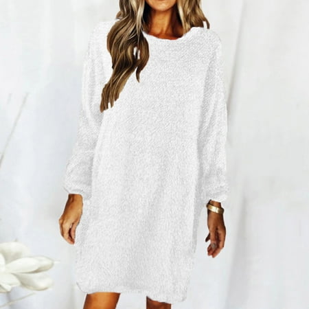 Tejiojio Womens Fall Fashion 2022 Autumn And Winter Women Casaul Solid Long Sleeve Loose O-Neck Hairy Sweater Pullover Dress