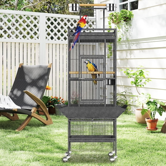 EcoSummer 61.5" Large Heavy-Duty Bird Cage with Play Area – Rolling Parrot Cage for Medium & Large Birds, Thick Metal Birdcage with Stainless Steel Bowls, Wooden Perches & Pull-Out Tray