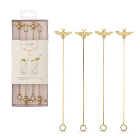Twine Bee Stainless Steel Drink Stirrers, Party Stir Sticks, Set of 4, Gold
