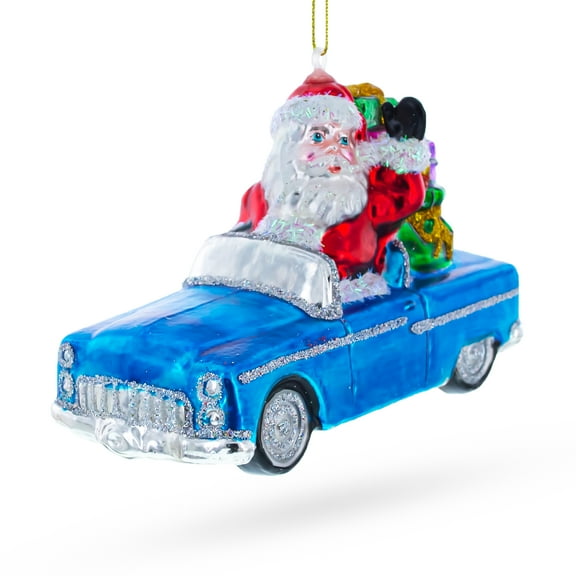 Santa Driving Convertible Car Glass Christmas Ornament