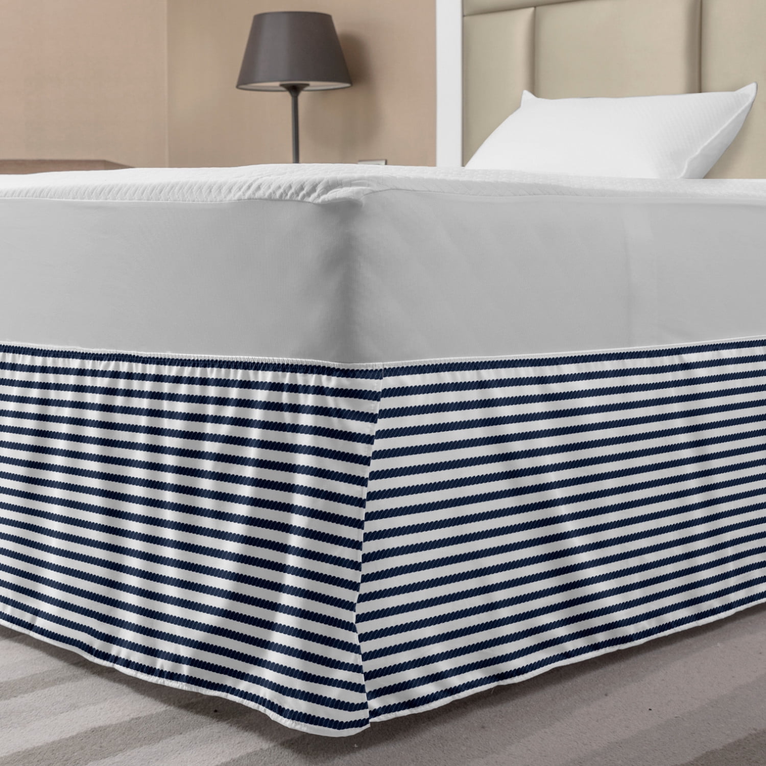 Navy Bed Skirt, Nautical Rope in Horizontal Style Marine Sea Life Ocean