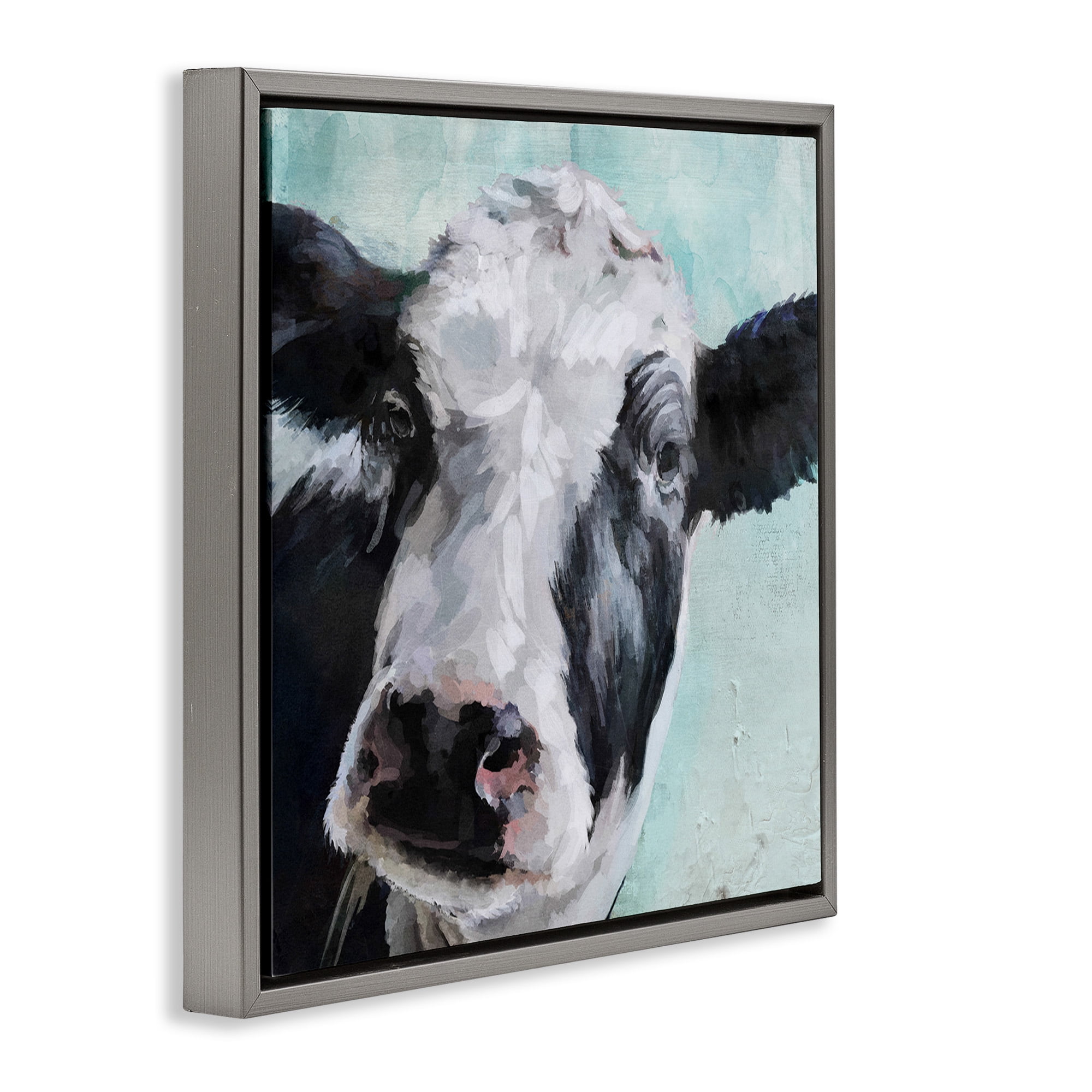 Stupell Industries Gentle Farm Cow Painting on Blue Animals & Insects Painting Gray Floater Framed Canvas Art Print Wall Art, 25 x 25