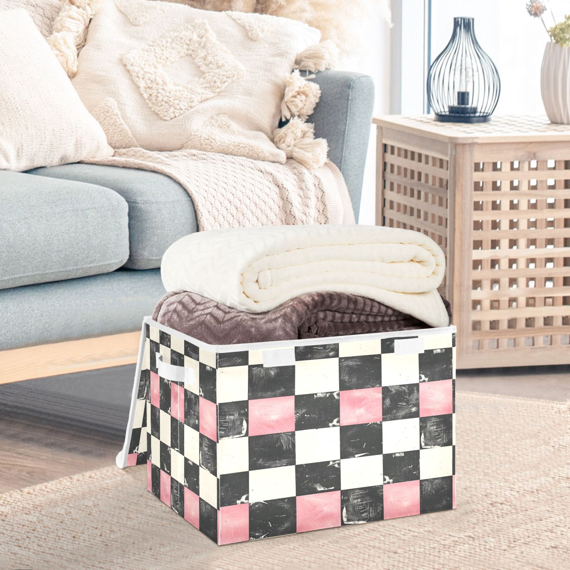 Ryvnso Pink and Black Checkered Pattern Large Lidded Foldable Storage Baskets Cubes Boxes Lids Bin for Home