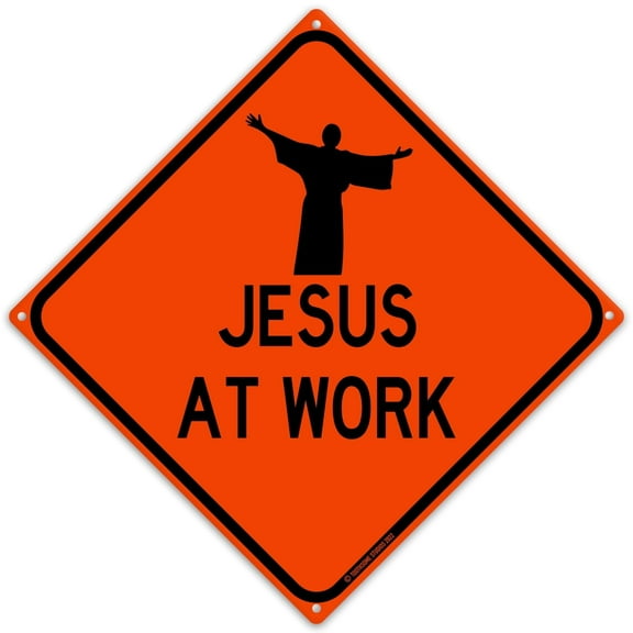 Jesus At Work 12" x 12" Funny Tin Road Sign Christian Faith Christianity Inspirational Miracle Workings Home Decor