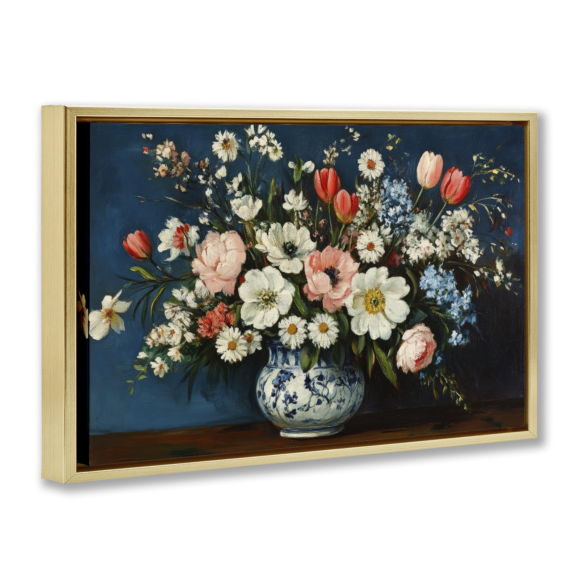 Stupell Industries Colorful Bouquet in Vase Gold Framed Floater Canvas Wall Art, design by Petal Prints Design