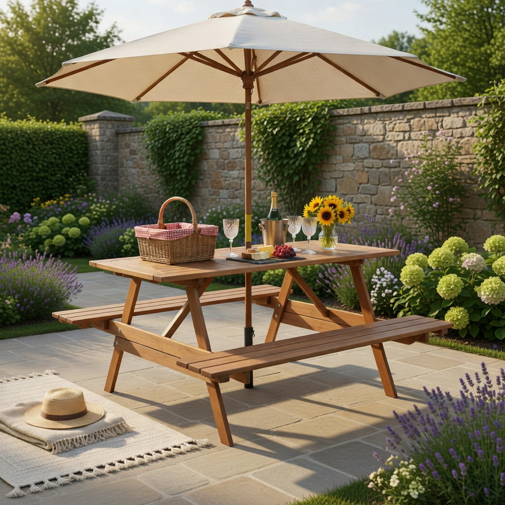 Hommoo 6-Person Outdoor Picnic Table Set with Built-In Benches & Umbrella Hole, Hardwood Rectangular Patio Table for Backyard, Garden, Poolside, Natural