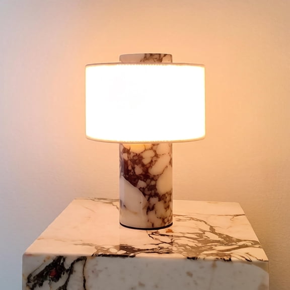 Luxury Plug-in Touch Marble Table Lamp, Calacatta Viola Natural Stone & Cylindrical Linen Lampshade, High-End Night Light for Bedroom Bedside, Living Room, Console