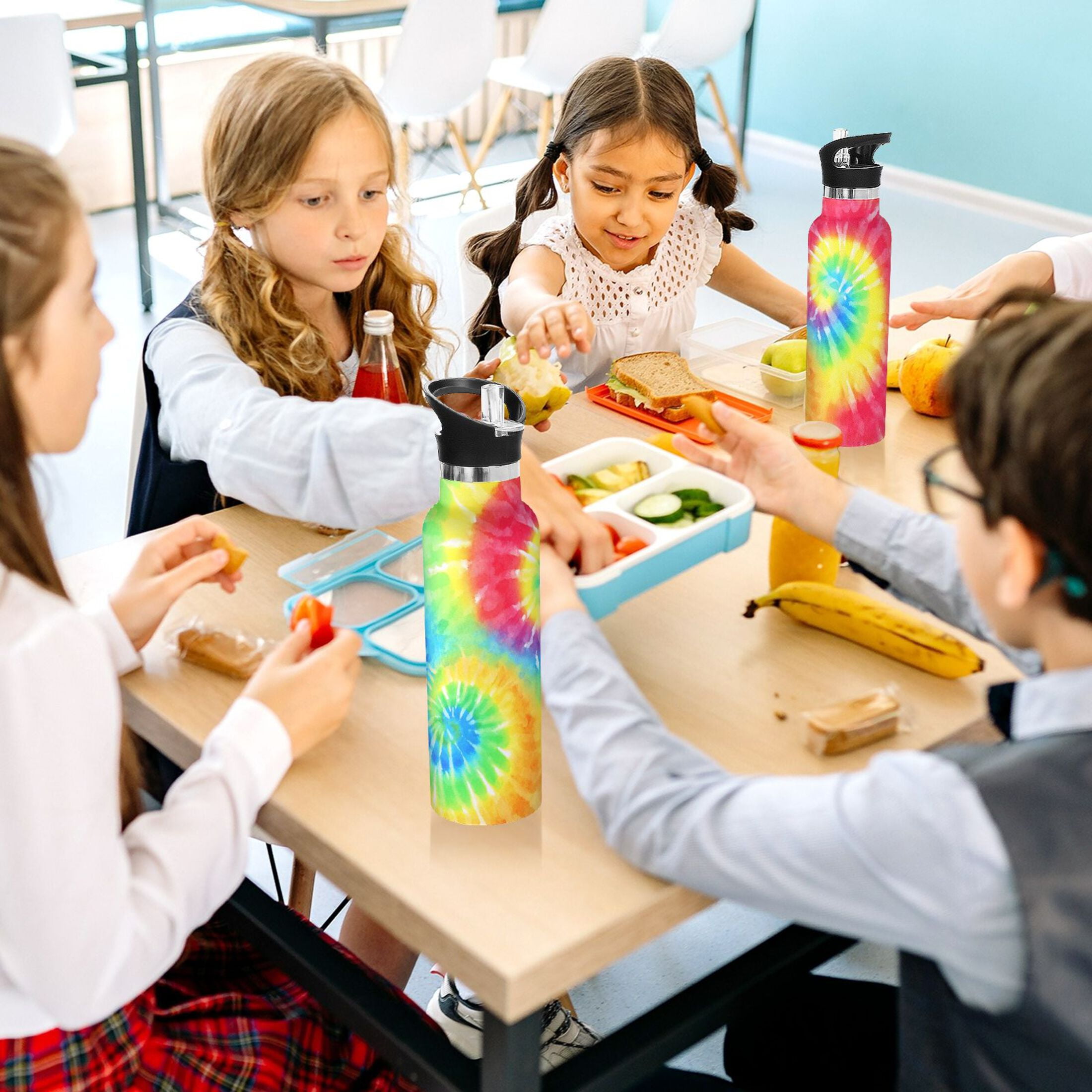 Kids Insulated Stainless Steel Sports Water Bottle 600ml (20oz) Tie-dyed Colorful Spiral Pattern