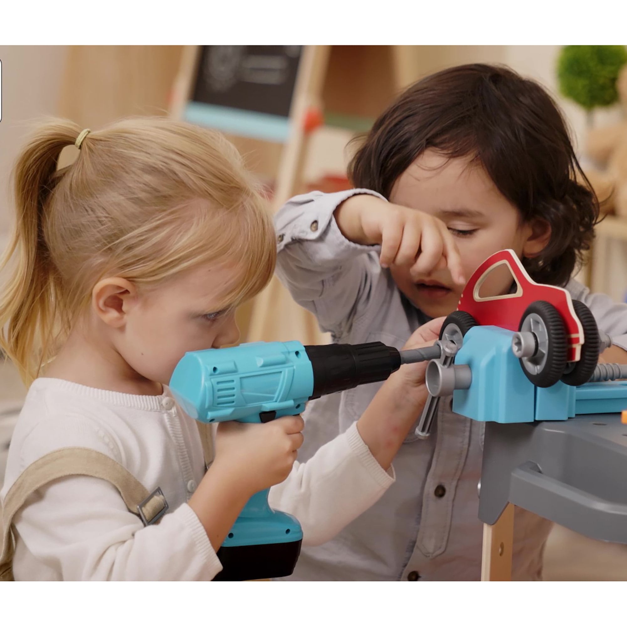 Hape: Junior Inventor: Vehicle Service & Repair Workbench - 71pc, Wooden Toy Tool Station, Battery Powered Electric Drill, STEM Playset, Kids Ages 3+
