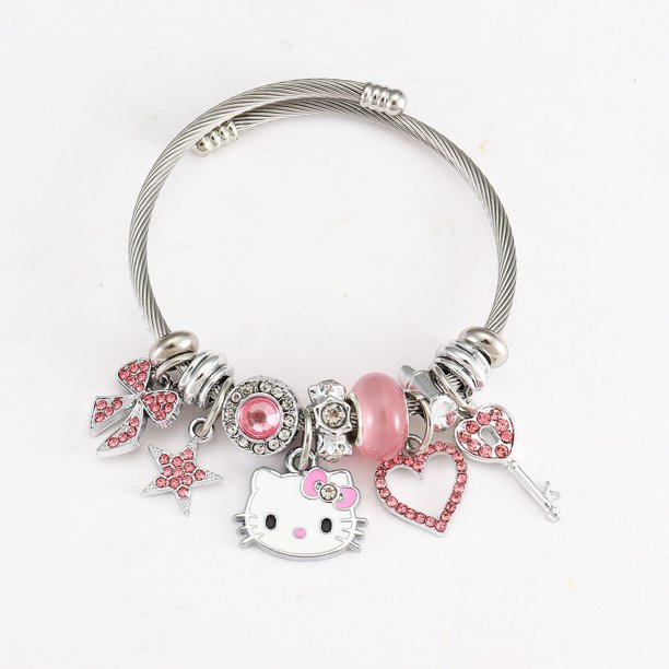 Pulsera de acero inoxidable con forma de Hello Kitty de Panjia transfronteriza, anillo abierto con forma de mano, cuentas de gran agujero para gatito, pulsera DIY de gran venta al por mayor