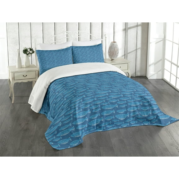 Ambesonne Fish Quilted Bedspread Set 3 Pcs, Blue Toned Nautical Life Motif, King Size, Blue Pale Blue White