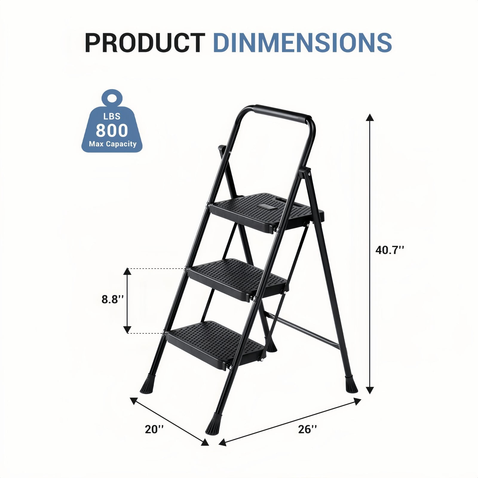 Kelno 3 Step Ladder 800Lbs Capacity Folding Step Stool with Anti Slip Pedals Safety Handrail, Pure Black