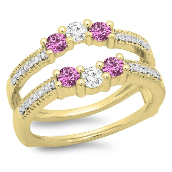Dazzlingrock Collection 14K Pink Sapphire & White Diamond Wedding Band 3 Stone Enhancer Guard Double Ring, Yellow Gold, Size 5