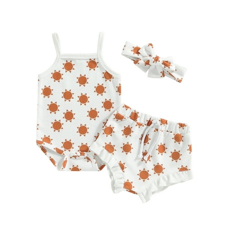 

Musuos Baby Girls Rainbow Print Waffle Sleeveless Romper Ruffle Bloomer Shorts Headband