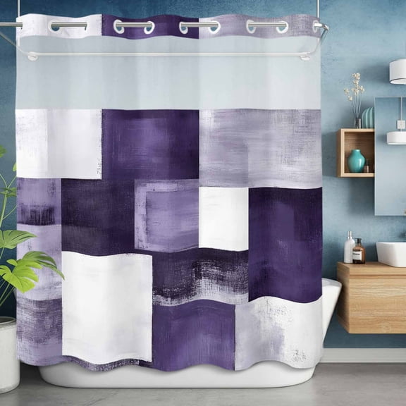 No Hooks Shower Curtain with Snap in Fabric Liner Set, Geometric Purple White Graffiti Shower Curtains Waterproof Bathroom Curtain with See Through Top Window,Hotel Style,72x72in Abstract Color Block