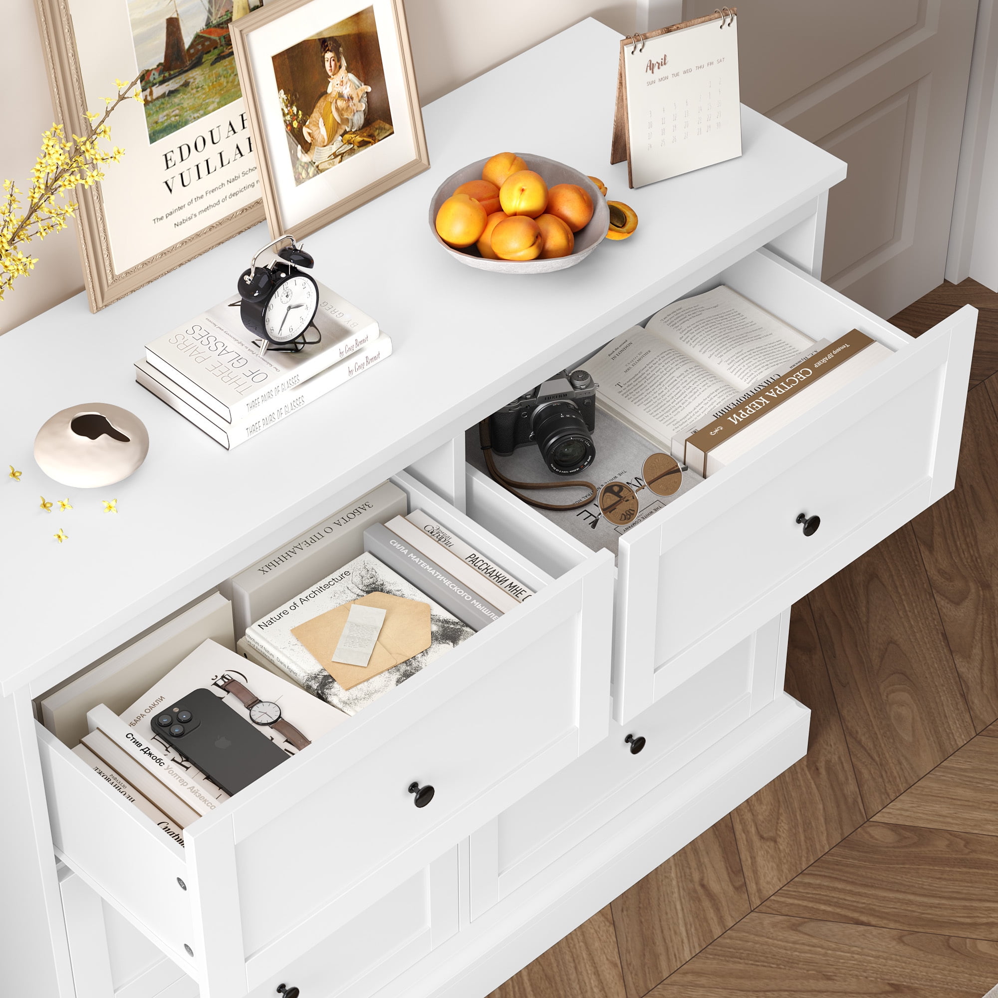 Homfa 6 Drawer Double Dresser White, Wood Storage Cabinet for Living Room, Chest of Drawers for Bedroom