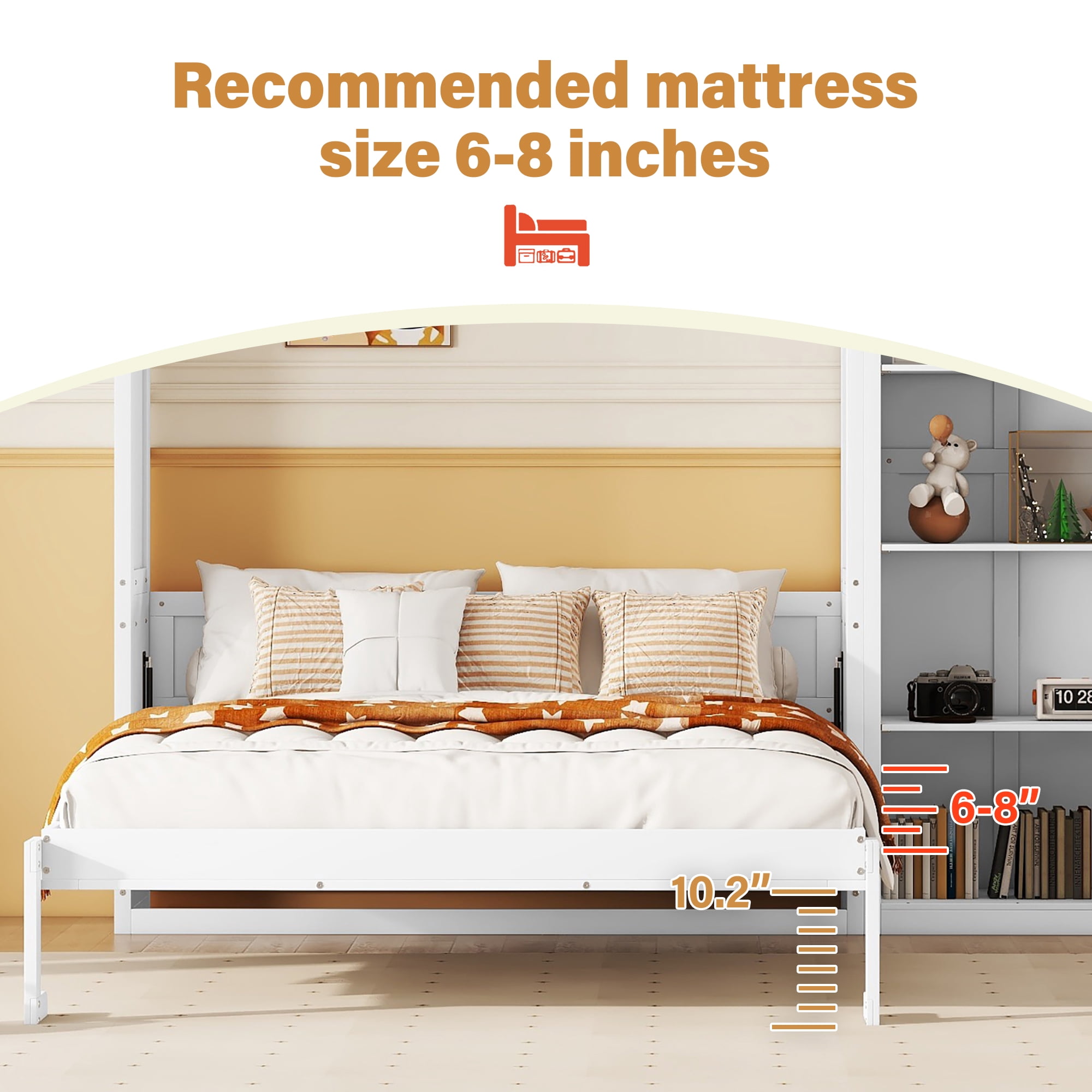 Aukfa Full Size Murphy Bed, Wood Cabinet Bed Frame with Adujstable Shelves, Foldable Platform Wall Bed Frame for Guest-Room, Home, Office, White