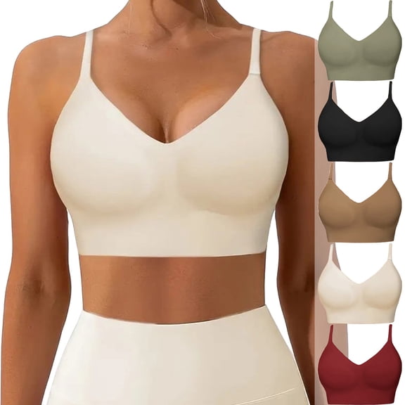 IQOGKRN Low Back Bra Women Wirefree Seamless Bra Backless Multiway Straps Convertible Halter Bra with Padded Removeable Beige L
