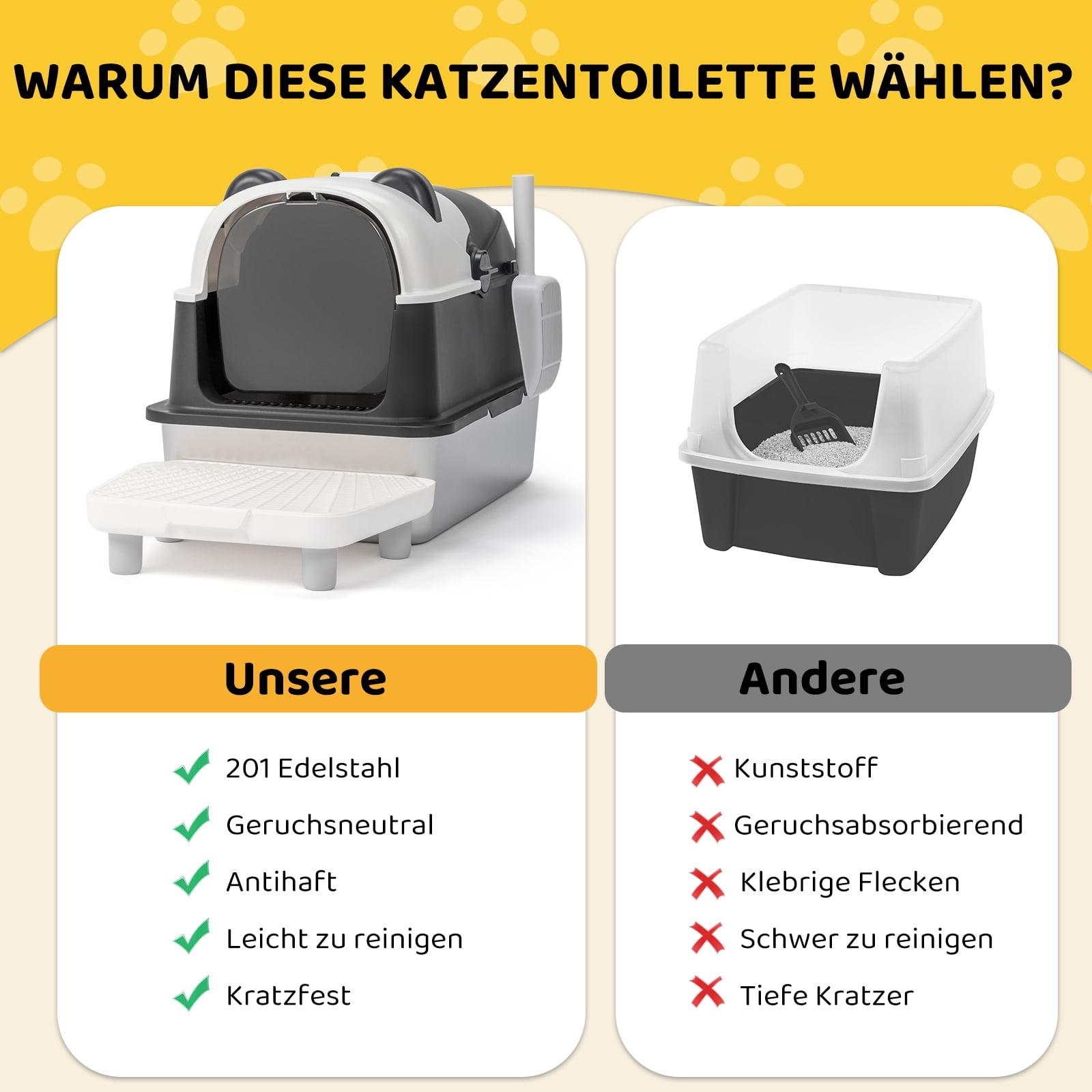Zimtown Stainless Steel Panda Cat Litter Box, 60x40x46cm, Scoop & Filter, Anti-Leak, 3.9kg for Big Cats, Black White