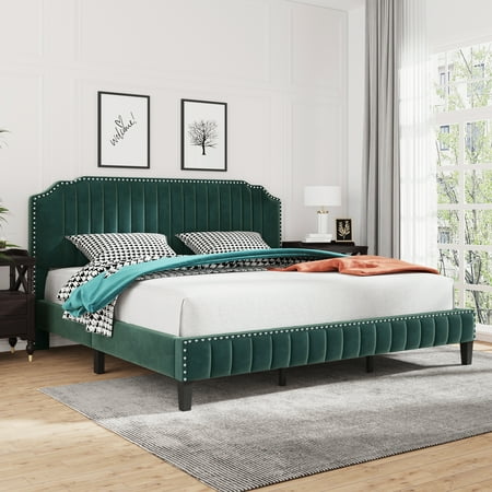 King Platform Bed Frame  Modern Velvet Curved Upholstered Platform Bed with Headboard and Solid Wood Frame  Bedroom Furniture King Size Bed Frame with Nailhead Trim  No Box Spring Needed  Green