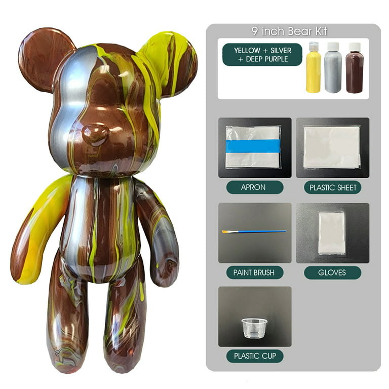 9 DYI Create customize Art and Craft kit Non-Toxic Pour Over Acrylic Paint  Bear Kit-Black-Silver-Gold 