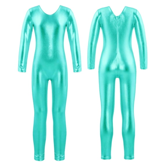 TiaoBug Kids Girls Shiny Metallic Full Length Bodysuit Unitard Gymnastics Leotard Dancewear
