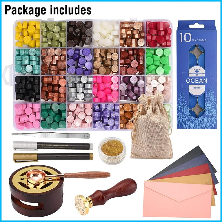 CHUHUAYUAN Wax Seal Stamp Kit with Gift Box 24 Colors and 624 Pcs Wax Seal Beads with Wax Seal Stamp Sealing Wax Warmer Wax Seal Metallic Pen and ENVE