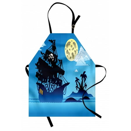 

Vintage Boat Apron Pirate Ship Moonlight Skull Flag Scary Island Dead Bones Unisex Kitchen Bib with Adjustable Neck for Cooking Gardening Adult Size Pale Yellow Azure Blue by Ambesonne