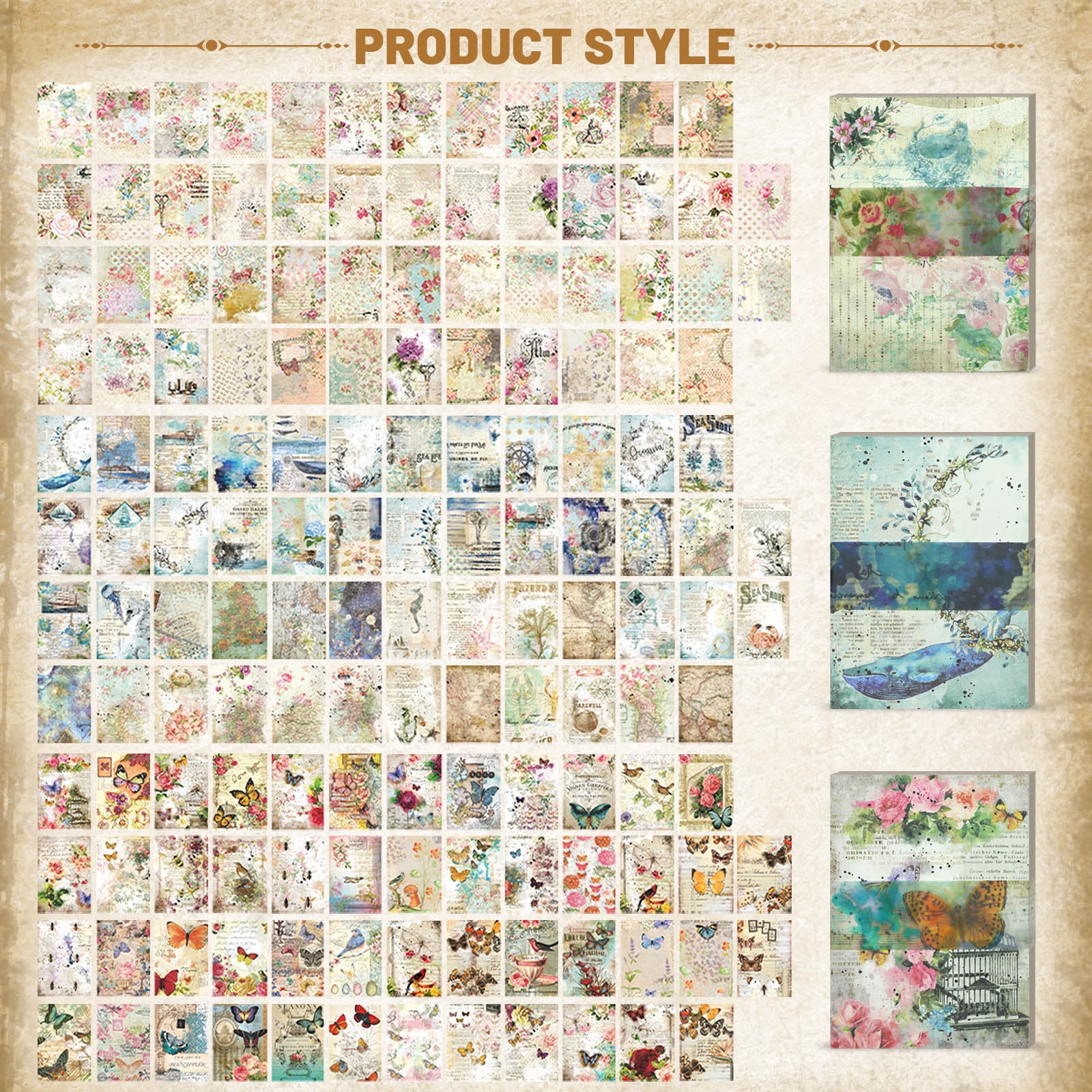Sekonow 600 Sheets Scrapbook Paper, Vintage Scrapbooking Supplies for Journaling Junk Journal Craft Decoupage Paper, Wall Collage Kit Cottagecore Aesthetic Room Decor Vintage Decor, Style B
