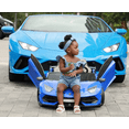 thumbnail image 3 of Luxury Ride On Toys Lamborghini Aventador w/ Swappable Battery 24V - Electric Car for Kids with 3 Speeds, Leather Seat, Remote, MP3 Music by Bluetooth, FM Radio, Rubber Tires (Blue), 3 of 7