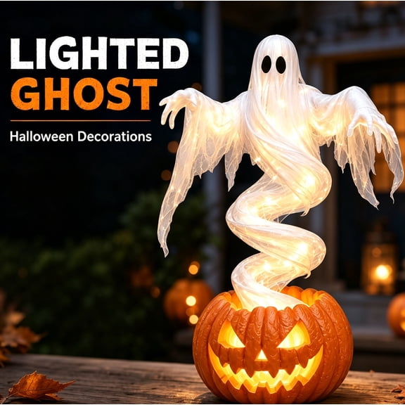 Swirling Ghost Pumpkin Yard Lamp, Lighted Spooky Ghost Statue, Warm LED Outdoor Porch Pathway Decor, Fall Autumn Garden Lawn Holiday Ornament for Halloween Party Decoration