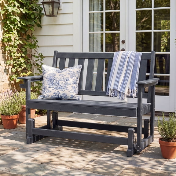 FOROUTIA 48 Inch Outdoor Glider Bench with Cup Holder, HDPE Weather Resistant Patio Swing Chair for 2 Persons, Gray